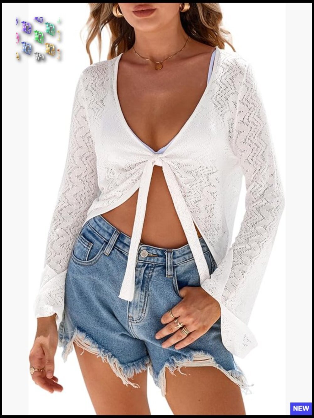 Linen Blend Tie Front Bolero Shrug Beach Cover Up Crochet Bell Sleeves